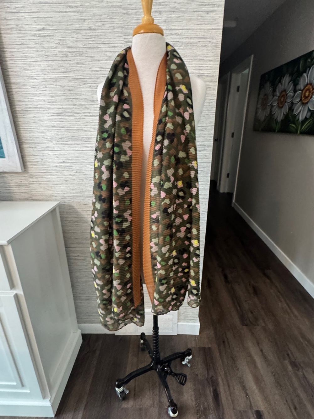 Women's Olive Multi-Color Patterned Scarf with Tan Trim